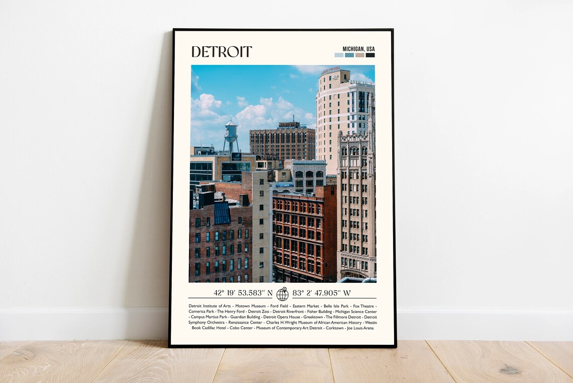 Detroit Michigan Downtown Skyline Daytime Photography Travel Poster
