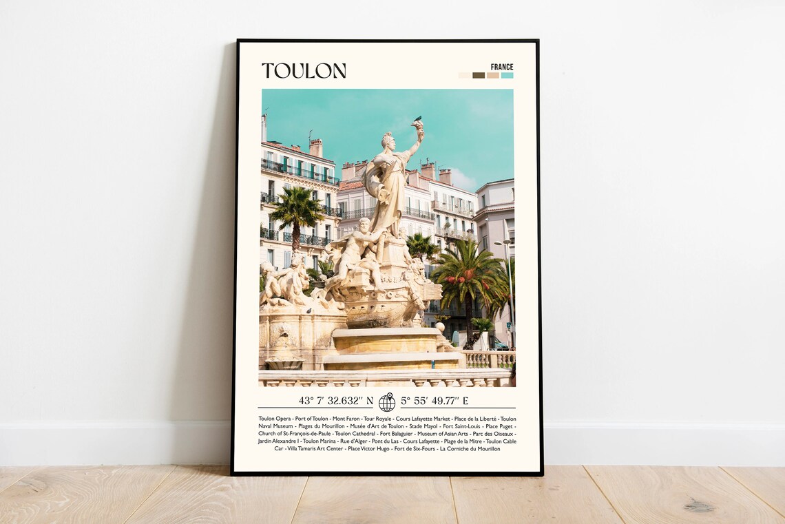 Toulon France Harbor Fountain Statue Coordinates Travel Poster