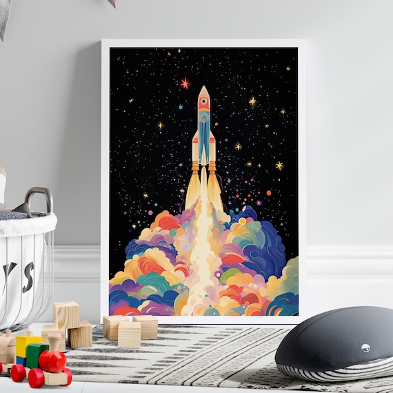 Colorful Cosmic Rocket Launch Art Poster Or Canvas Print Futuristic Starry Night Space Adventure Dreamy Boys Room Decor