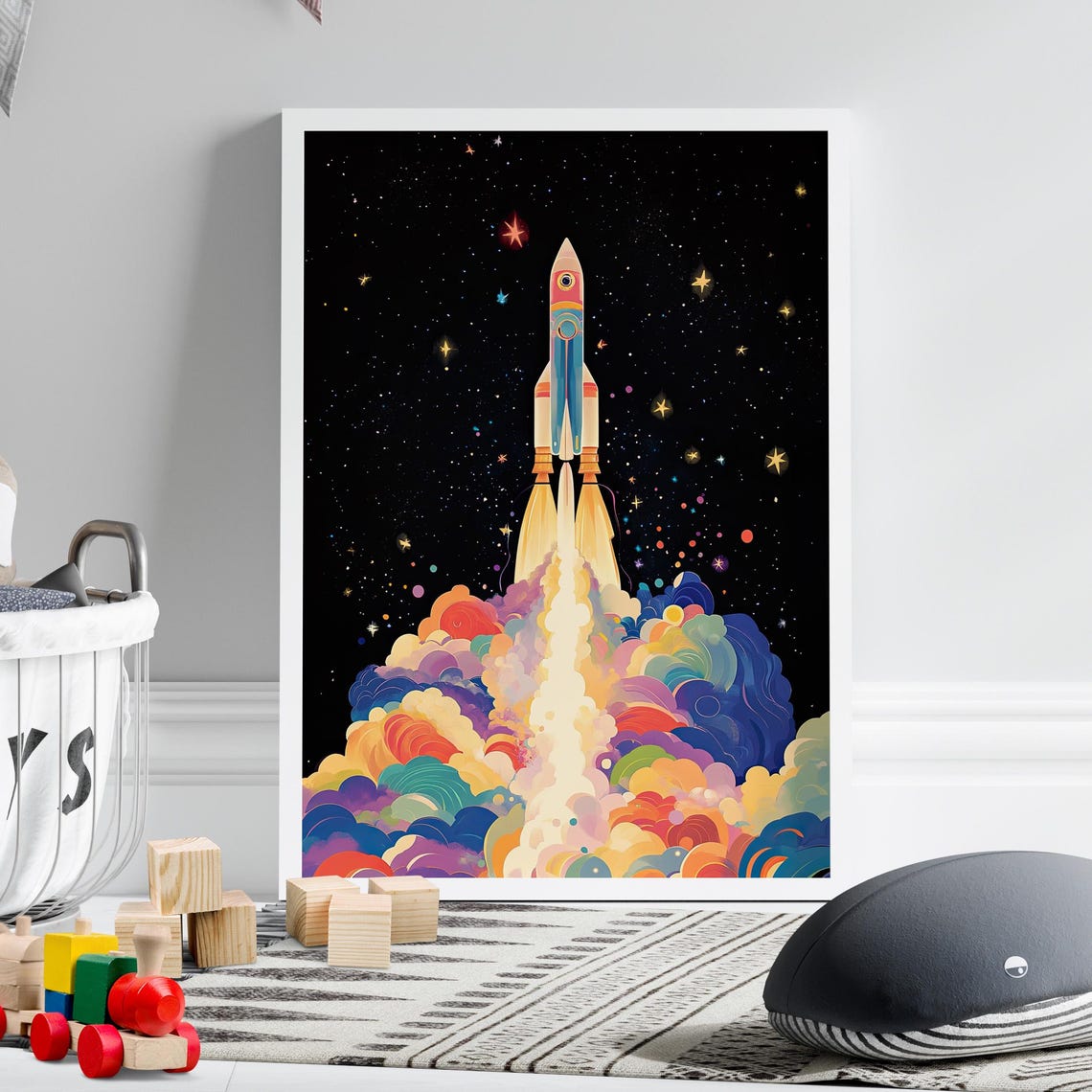 Colorful Rocket Launch Starry Night Space Kids Room Wall Art