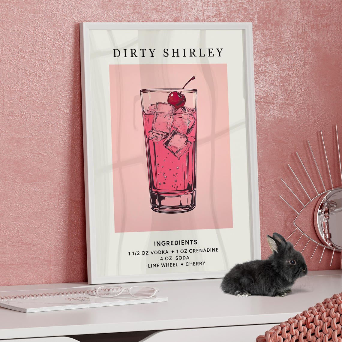 Dirty Shirley Cocktail Recipe Pink Bar Cart Kitchen Wall Art