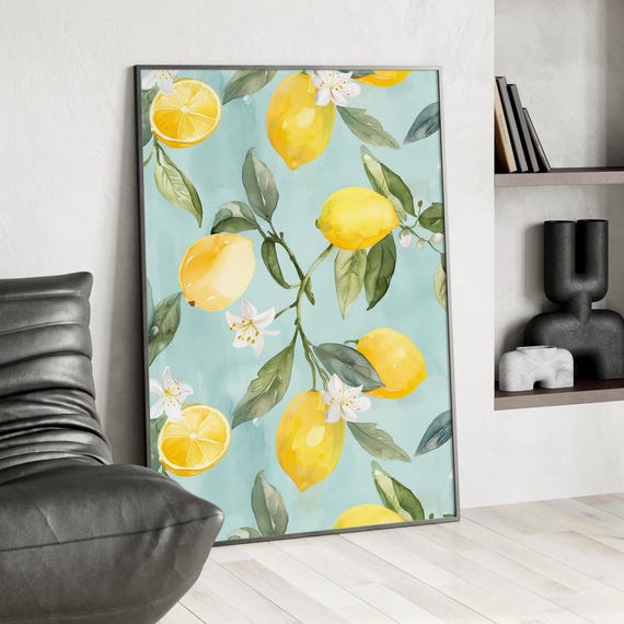 Watercolor Lemon Painting Art Print Or Canvas Summer Fruit Vintage Farmhouse Decor Botanical Floral Poster