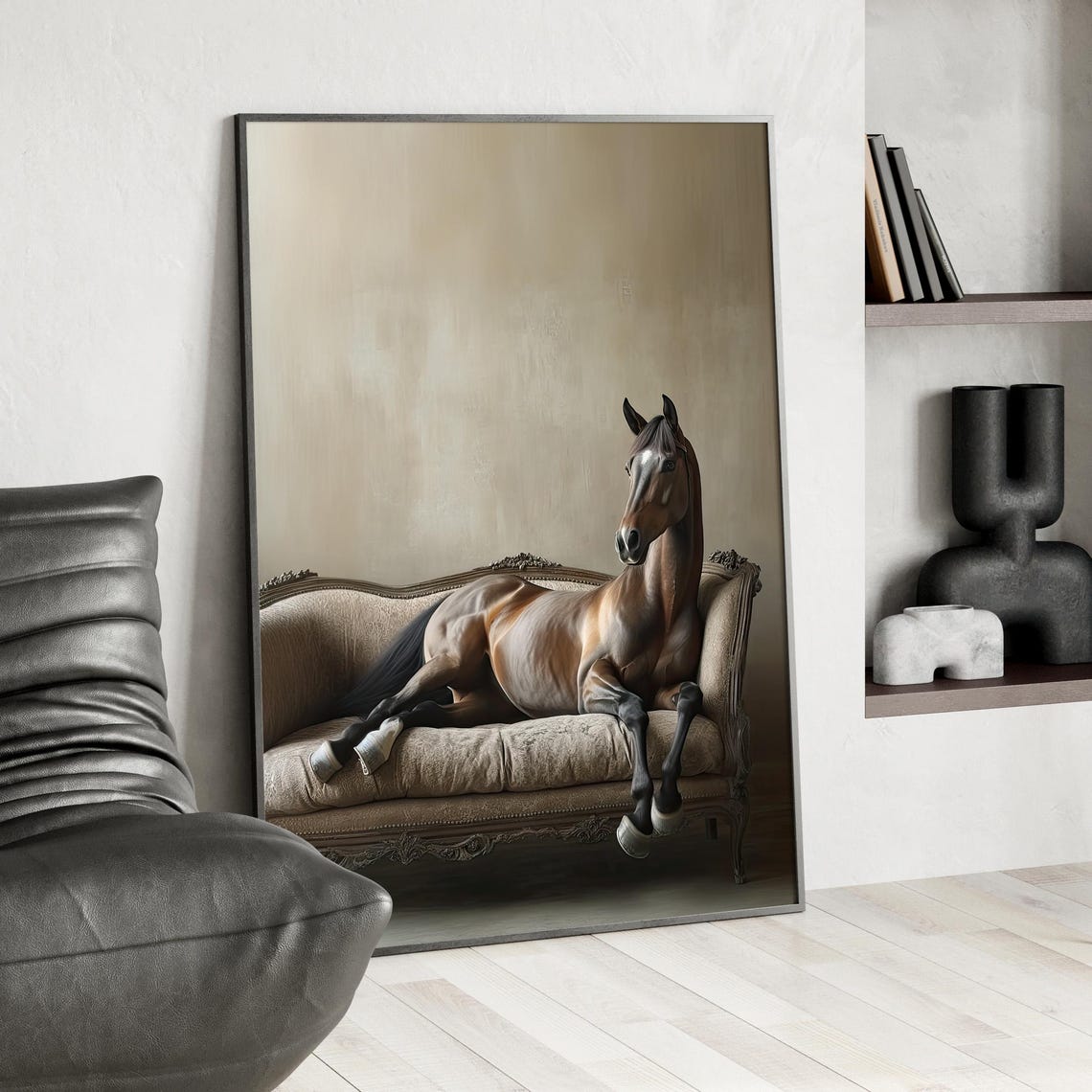 Majestic Horse Lounging on Sofa Elegant Farmhouse Wall Poster