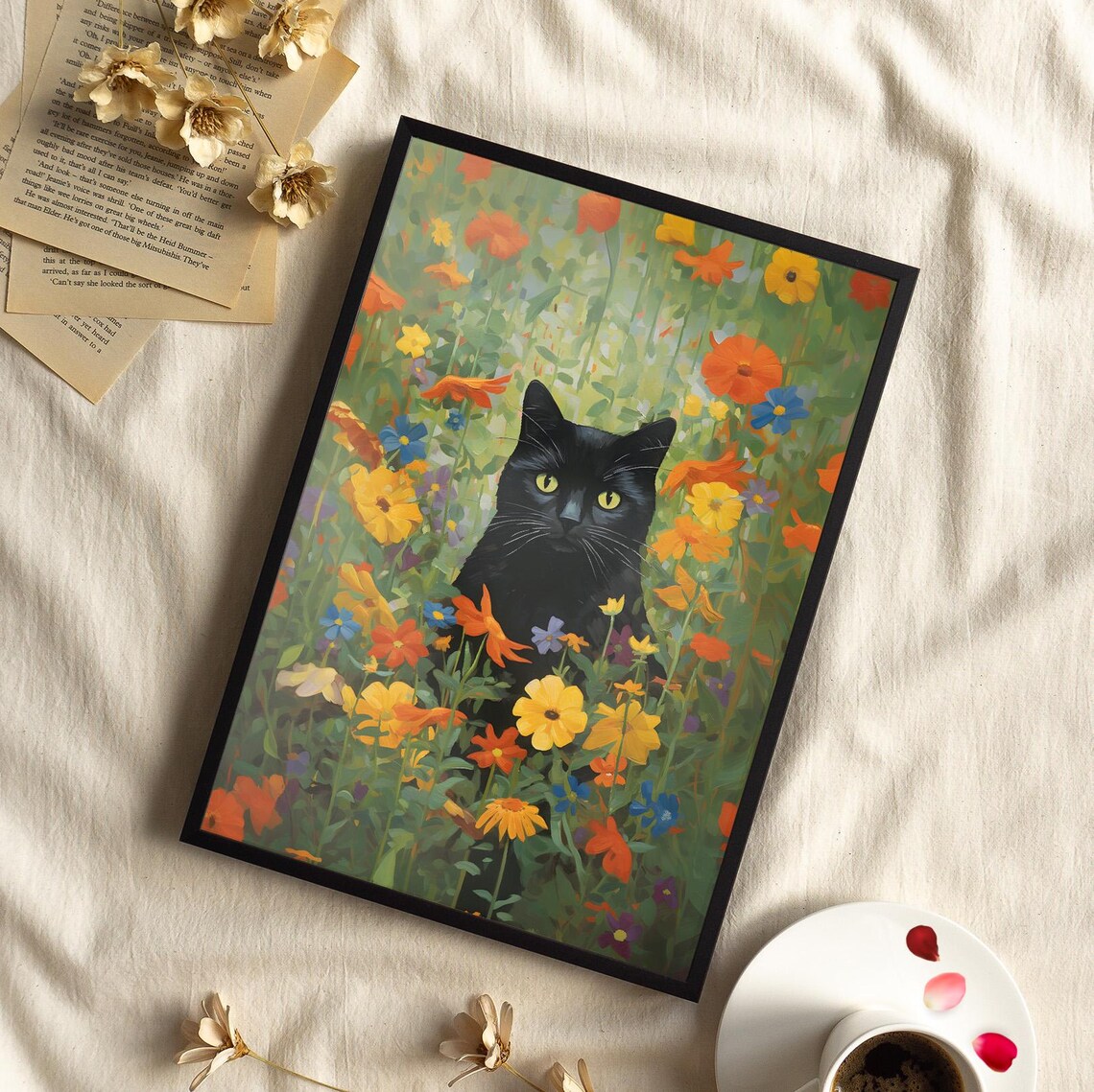 Black Cat In Wildflower Meadow Colorful Floral Garden Poster