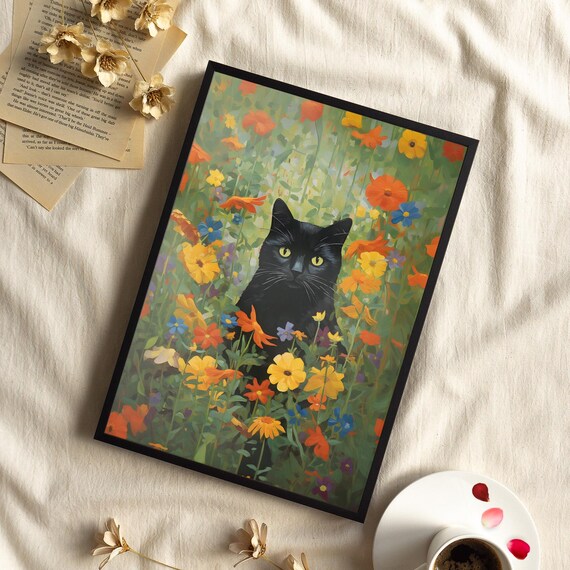 Black Cat In Wildflower Meadow Colorful Floral Garden Poster