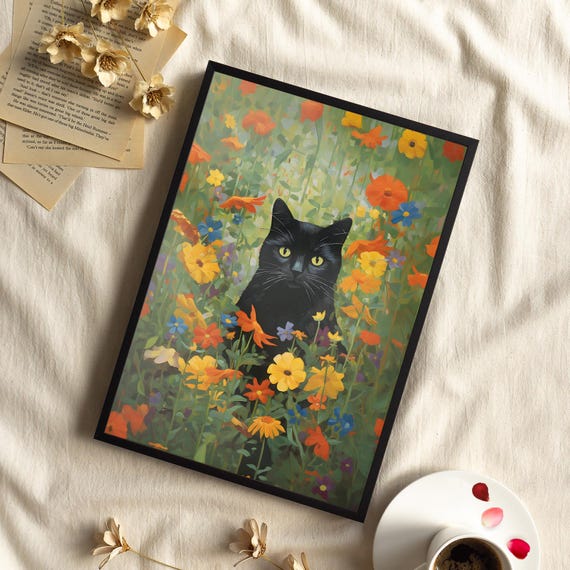 Klimt Flowers Cat Wall Art Or Canvas Gustav Garden Print Black Floral Poster Gift Funny Monet Lovers Home Decor