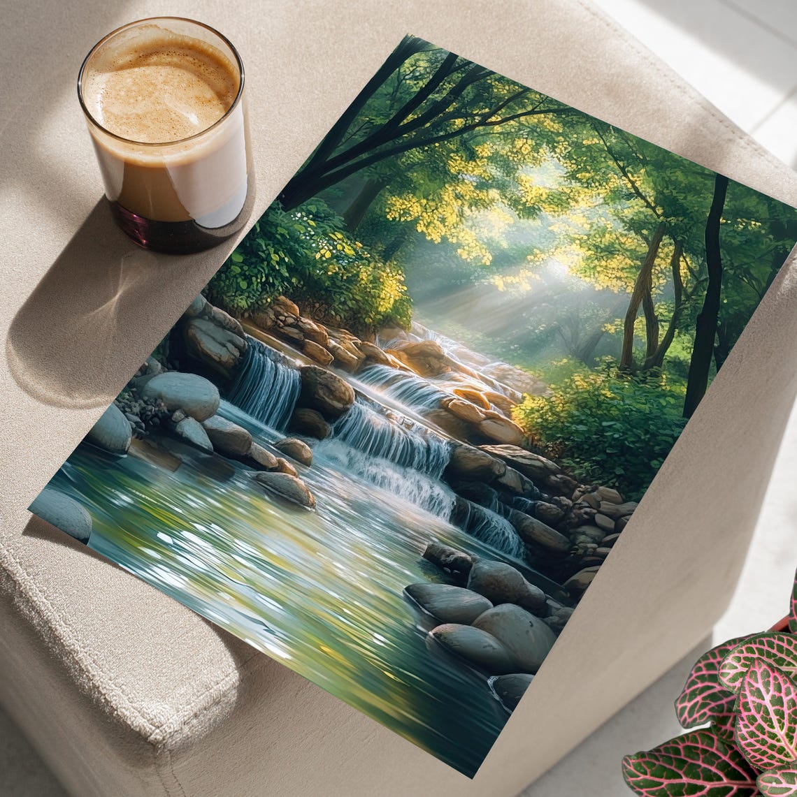 Sunlit Forest Waterfall Stream With Rocks Dreamy Nature Art Poster