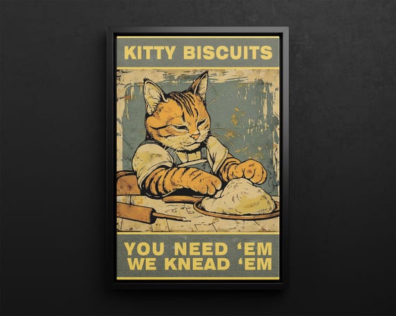 Tabby Cat Kneading Dough For Baking Vintage Illustration Poster Or Canvas Print Antique Funny Retro Wall Art