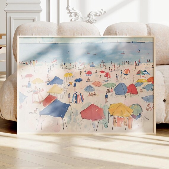 Colorful Beach Umbrellas Crowd Watercolor Summer Coast Poster