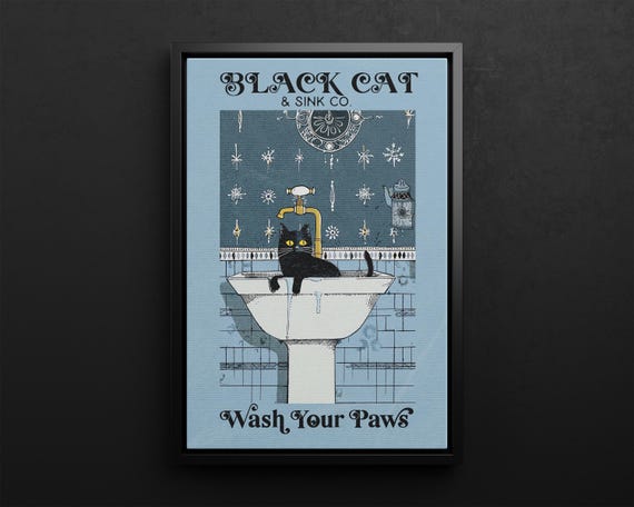 Funny Black Cat Wash Your Paws Poster Bathroom Sign Or Canvas Print Retro Abstract Vintage Restroom Animal Home Decor