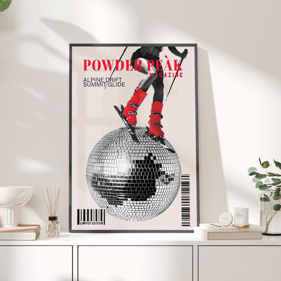 Powder Peak Alpine Ski Disco Ball Red Magazine Cover Art Poster