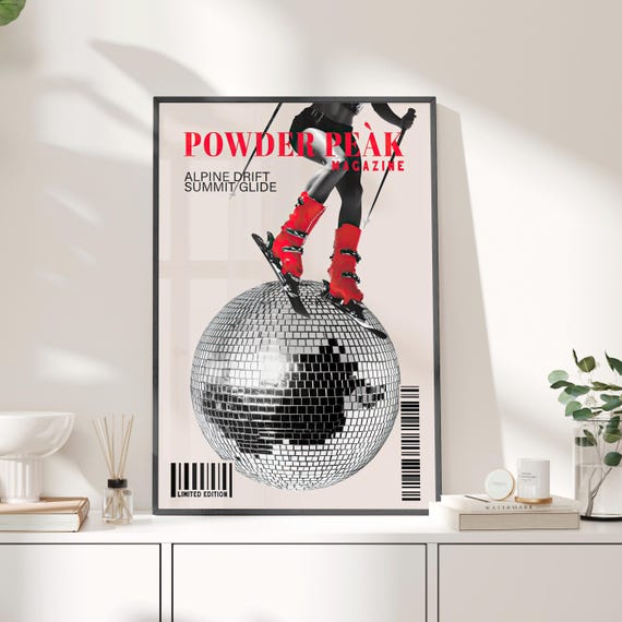 Powder Peak Ski Retro Disco Ball Wall Art Poster Or Canvas Print Winter Skiing Funny Decor Vintage Woman Home