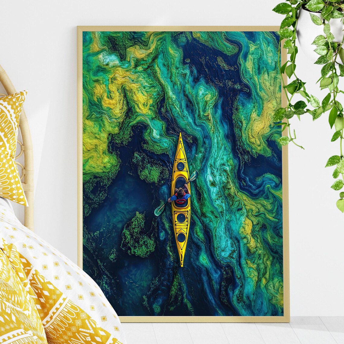 Yellow Kayak In The Sea Aerial View Oil Painting Poster Or Canvas Print Blue Green Ocean Art Surreal Beach Vibrant Coastal