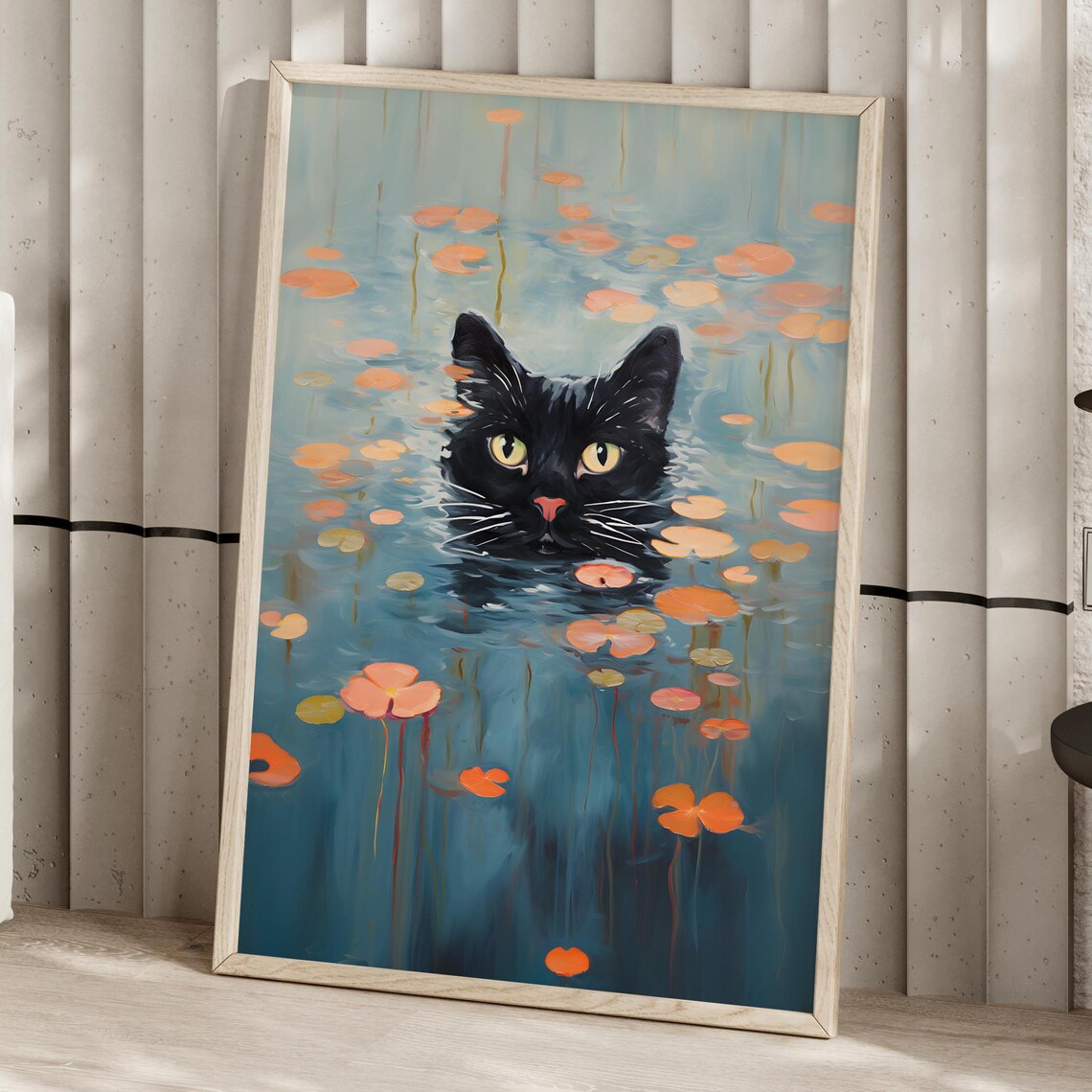 Black Cat Swimming Among Water Lilies Monet Style Funny Cat Wall Art