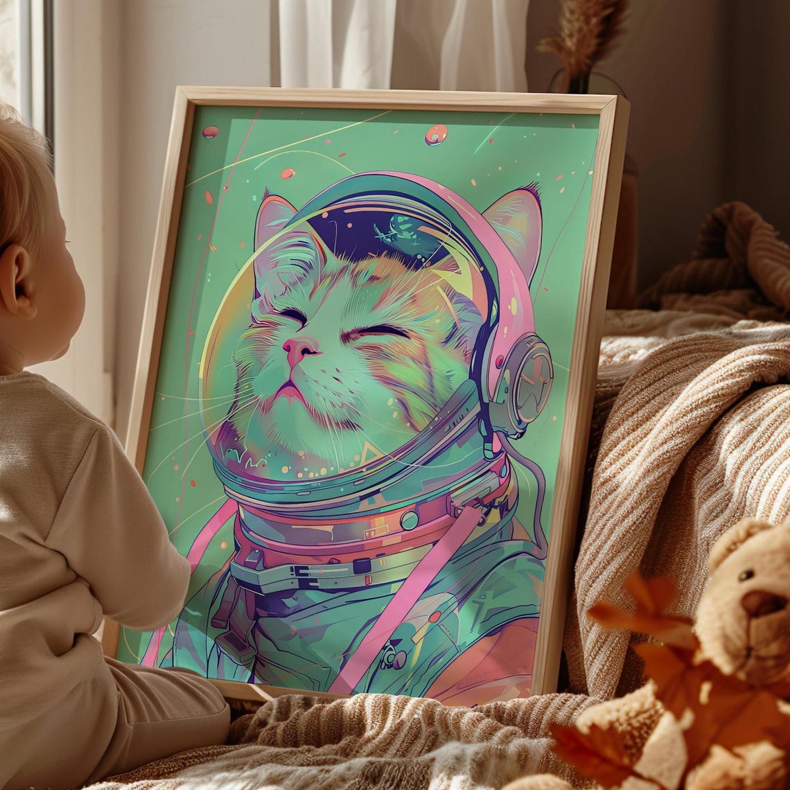 Astronaut Cat In Space Helmet Neon Retro Funny Nursery Poster