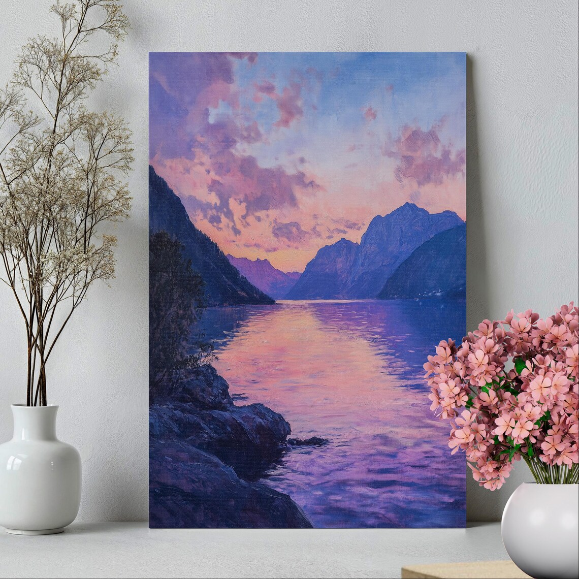Norway Fjords Purple Pink Sunset On Calm Water Painting Poster - Image 3