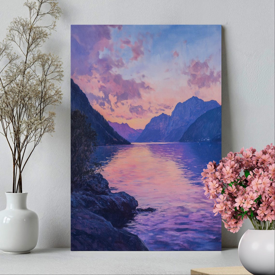 Norway Fjords Purple Pink Sunset Painting Poster Or Print Norway Travel Print Sunrise Nature Landscape Home Decor Travel Poster - Image 3