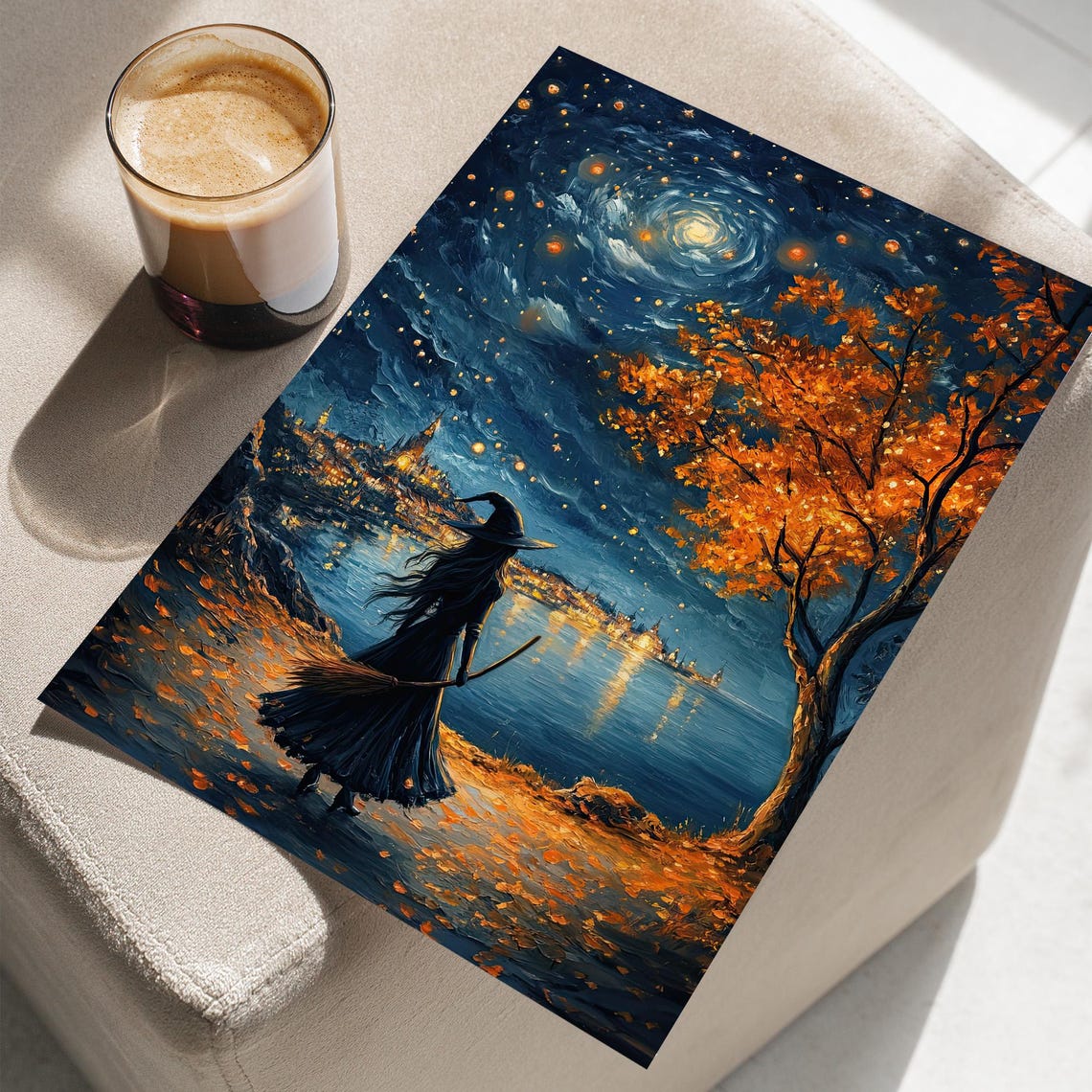 Witch Under Starry Night Sky Van Gogh Style Halloween Poster