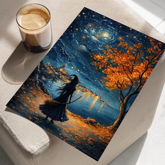 Witch Under The Glowing Starry Night Sky Dark Blue Oil Painting Poster Or Canvas Print In City Surreal Art Halloween Wall Decor