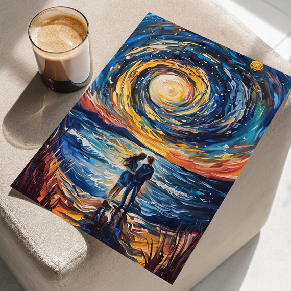Lovers Under The Swirling Moon Abstract Surreal Painting Poster Or Canvas Print Impressionism Wall Art Magical Starry Night Couple