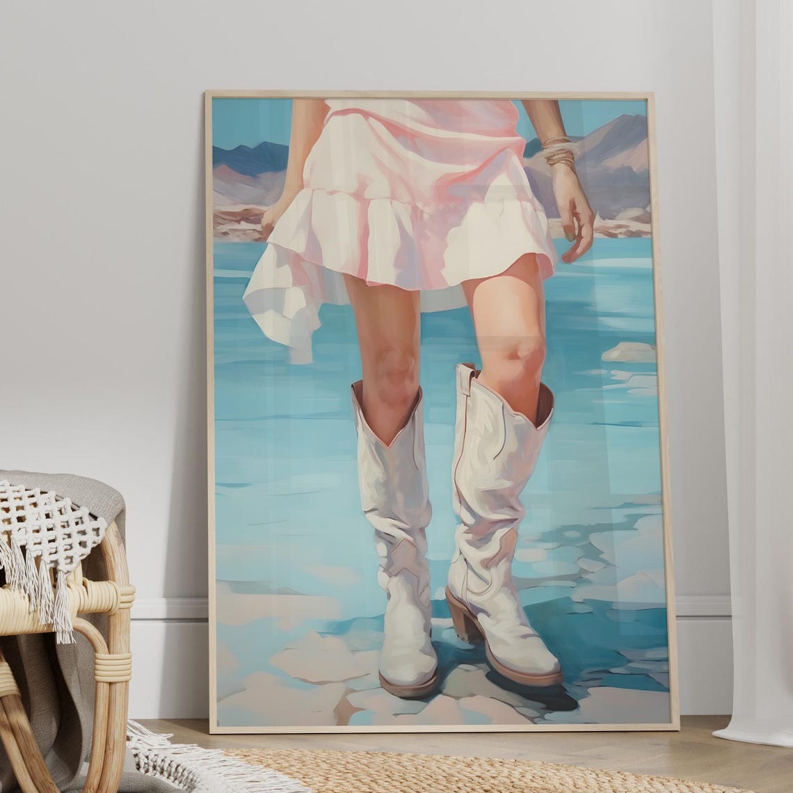 Coastal Cowgirl White Boots Beach Walk Feminine Western Art Print