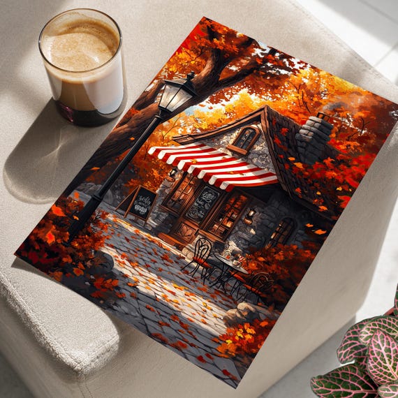 Cozy Autumn Cafe In The Woods Fantasy Art Print Poster Or Canvas Cute Stone House Fall Foliage Whimsical Wall Kitchen Decor