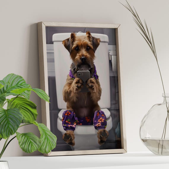 Dog Sitting In The Toilet Funny Bathroom Sign Art Print Or Canvas Modern Portrait Humor Animal Poster Decor