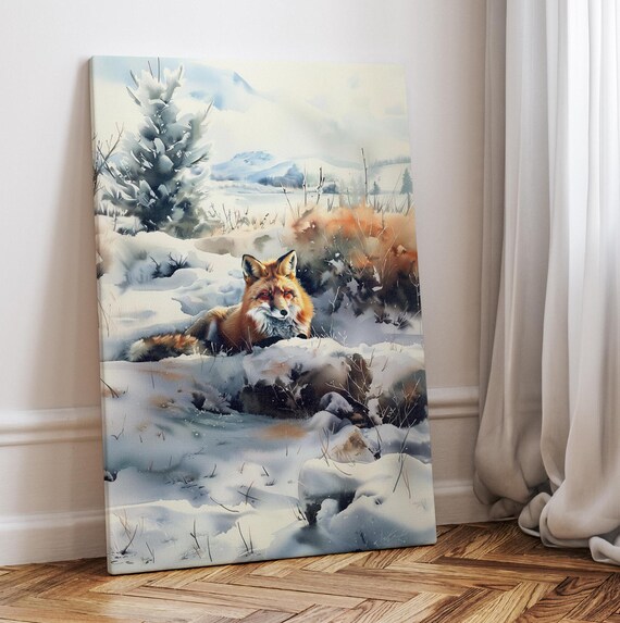 Snow Fox Wall Art Print Or Canvas Winter Landscape Painting Forest Wildlife Animal Home Decor Poster