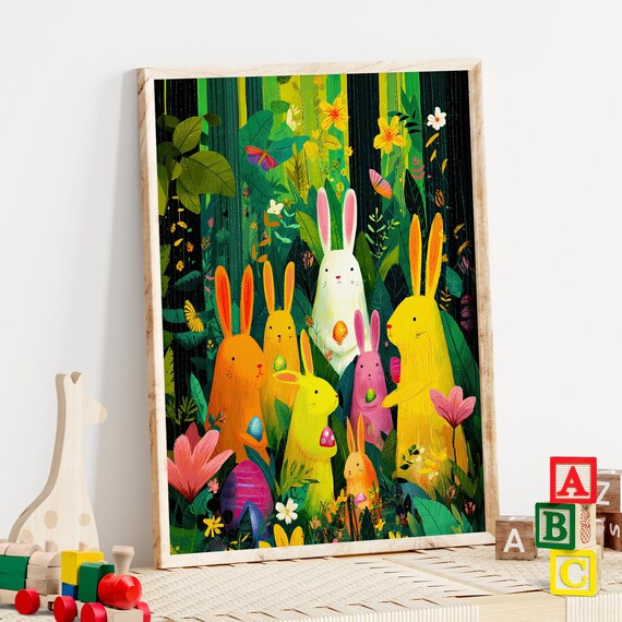 Colorful Easter Bunnies In Lush Jungle With Painted Eggs Kids Poster