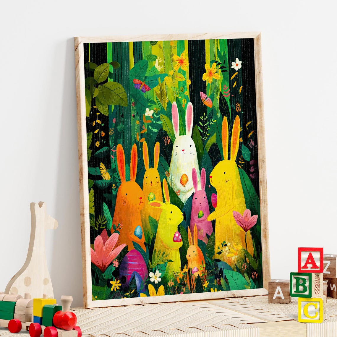Colorful Easter Bunnies In Lush Jungle With Painted Eggs Kids Poster