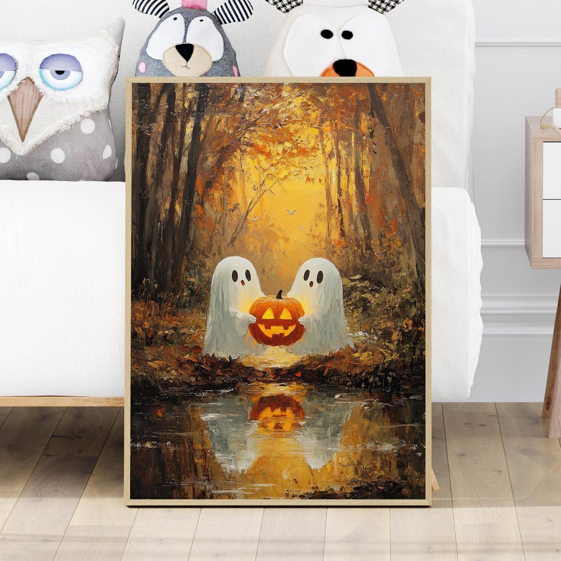 Two Cute Ghosts Holding A Jack O Lantern Oil Painting Poster Or Canvas Whimsical In The Woods Rustic Art Print Halloween Wall Decor