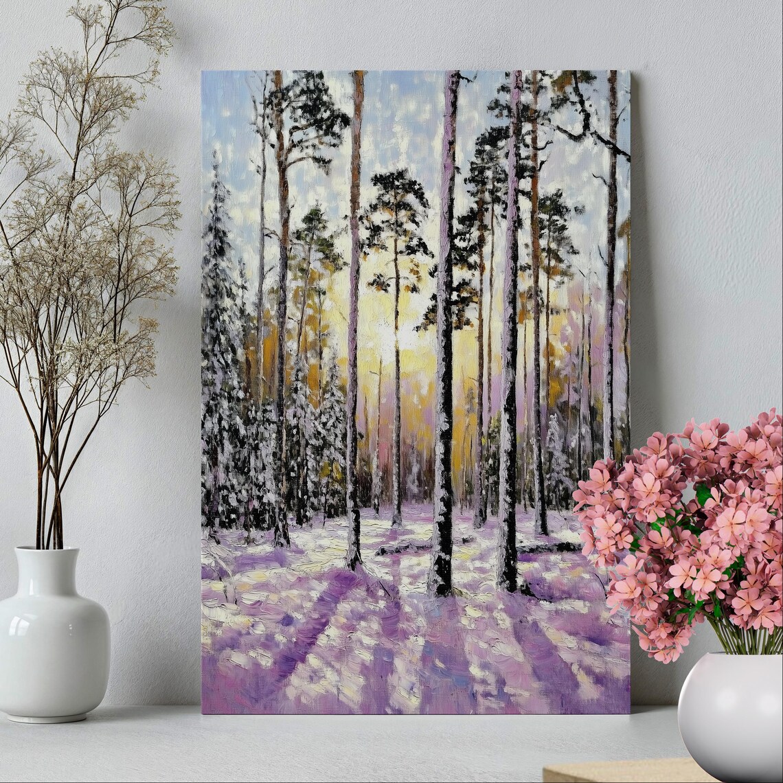 Snowy Pine Forest Sunset Winter Wonderland Nature Painting Poster - Image 2