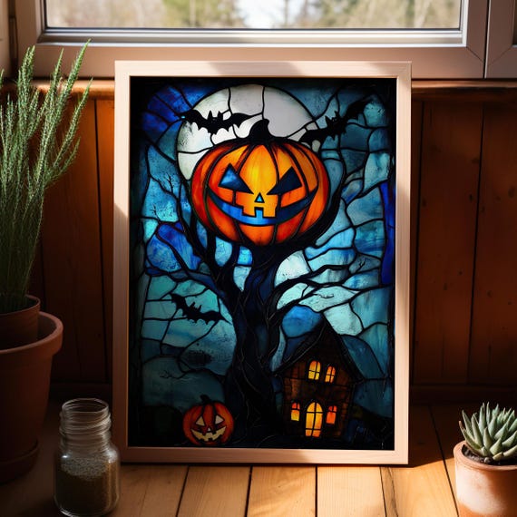 Halloween Pumpkin On The Tree Stained Glass Style Art Poster Or Canvas Print Spooky Moon Whimsigoth Wall Decor