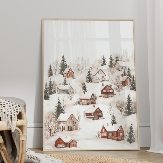 Snowy Village Watercolor Cozy Winter Cottages Holiday Art Poster