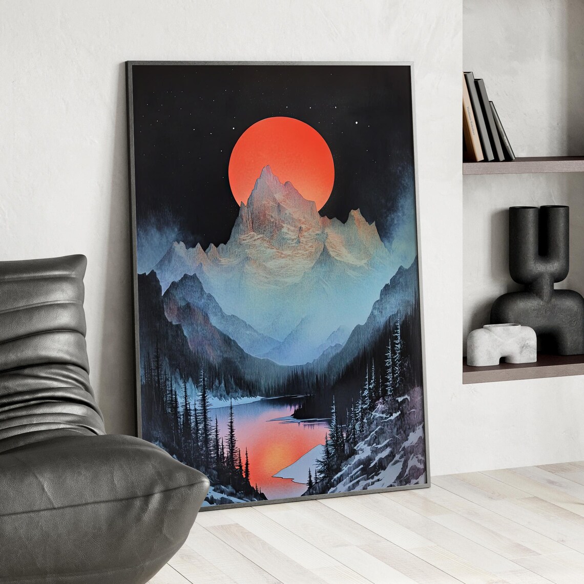Red Moon Over Snowy Mountain Lake Evergreen Forest Night Sky Poster
