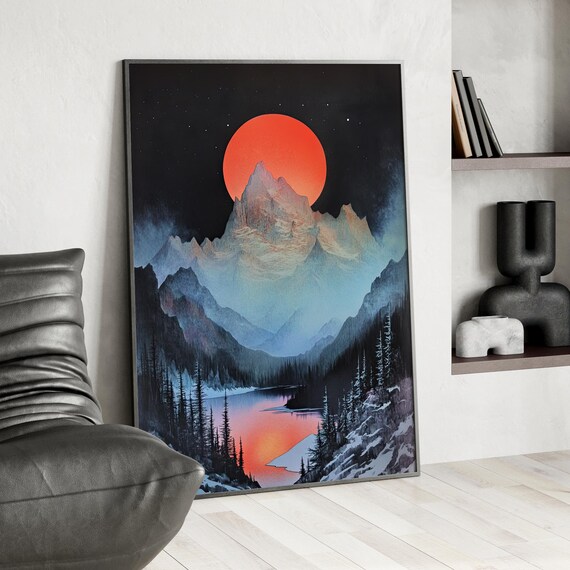 Red Moon Over Snowy Mountain Lake Evergreen Forest Night Sky Poster