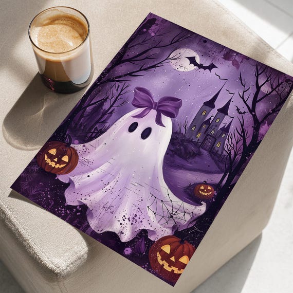 Purple Sheet With Bow On Her Spooky Painting Poster Or Canvas Print Whimsigoth Funny Halloween Wall Decor