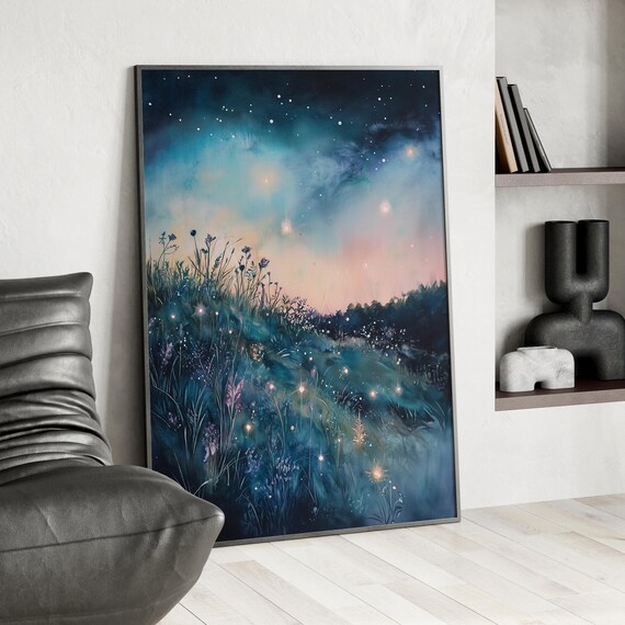 Stars Scattered Over The Meadow Watercolor Painting Poster Or Canvas Print Whimsical Starry Night Sky Fairycore Luminous And Dreamy