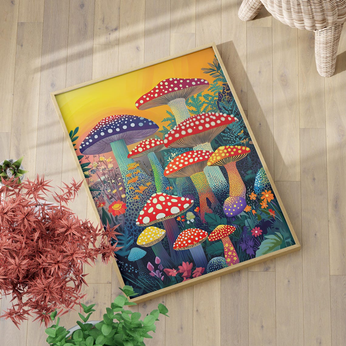 Colorful Vibrant Dotted Mushroom Wall Art Poster Or Canvas Print Funky Forest Decor Whimsical Toadstool Playful Abstract
