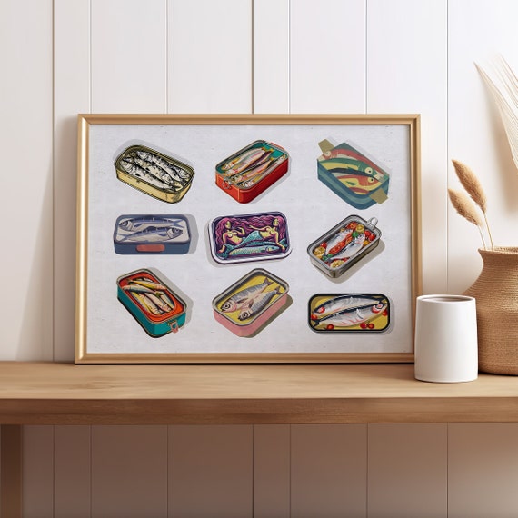 Opened Tin Can Of Sardines Fish Art Print Or Canvas Sardine Collection Funny Wall Retro Seafood Kitchen Poster