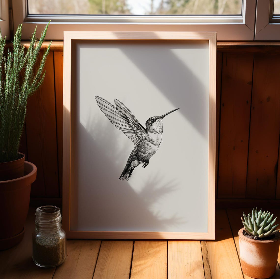 Flying Hummingbird Fine Line Pencil Sketch Minimalist Poster
