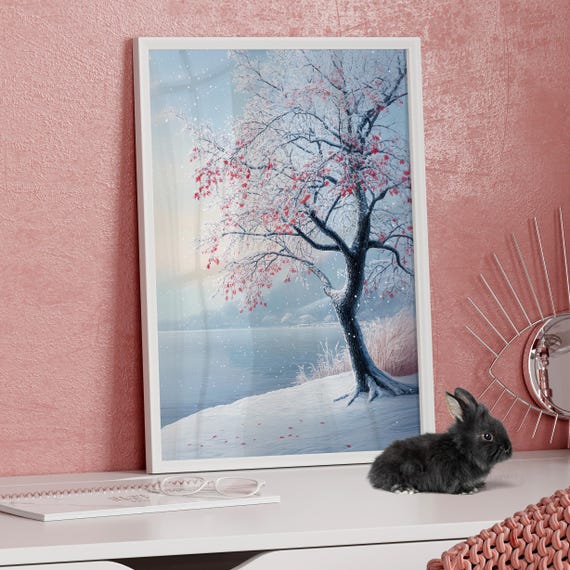 Snowy Tree By The Lake Winter Painting Poster Or Canvas Print Ethereal Mist Serene Dreamy Landscape Wall Art Cozy
