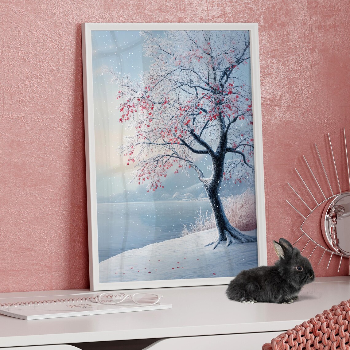 Snowy Blossom Tree By The Misty Lake Winter Wonderland Wall Art
