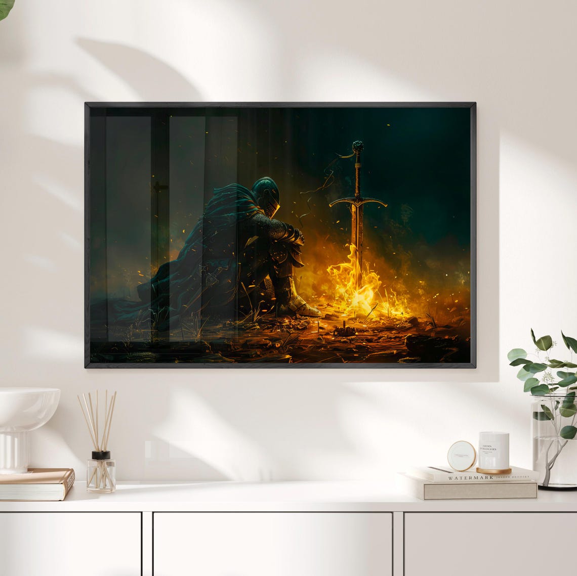 Weary Knight Resting By Campfire With Flaming Sword Dark Art Poster