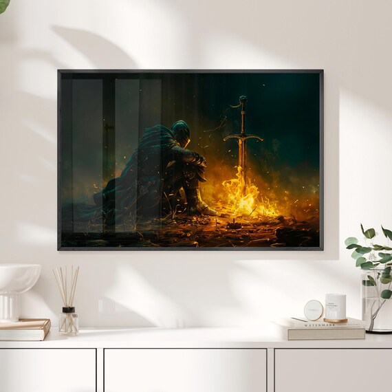 Weary Knight Resting By Campfire With Flaming Sword Dark Art Poster