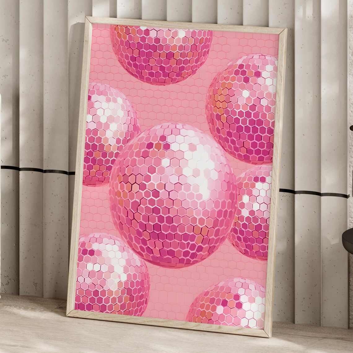 Pink Shimmering Disco Balls Honeycomb Groovy Dance Party Wall Art