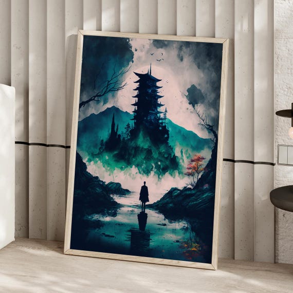 Minimalist Japanese Landscape Painting Moody Art Print Or Canvas Office Dark Tranquil Poster Ready To Hang Decor