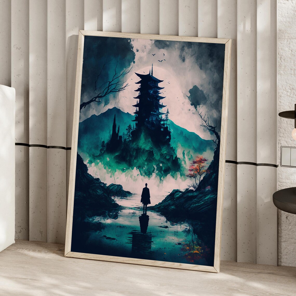 Moody Japanese Pagoda By The River Teal Moonlight Landscape Poster