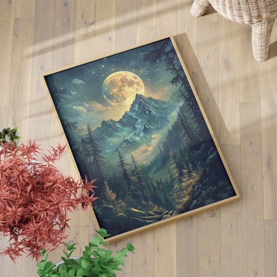 Enchanting Moon Over Mountains And Forest Landscape Poster Or Canvas Print Moonlit Magical Night Painting Golden Wall Art