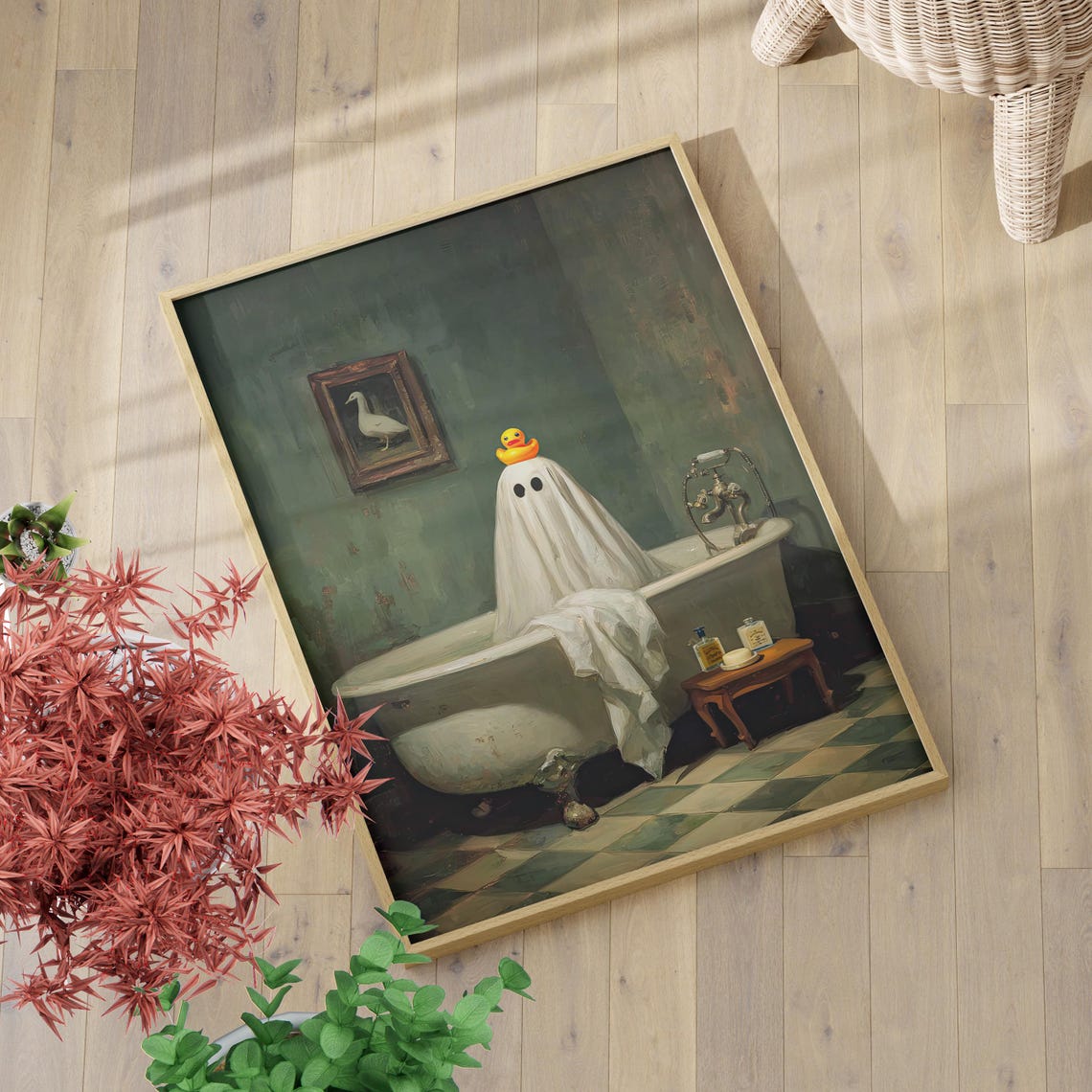 Cute Ghost In Bathtub With Rubber Duck Spooky Halloween Wall Art